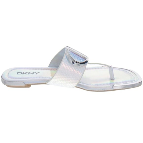 DKNY Halcott Flat Thong Sandals Snake Print Python US 6 Silver Iridescent Slides - Picture 4 of 9